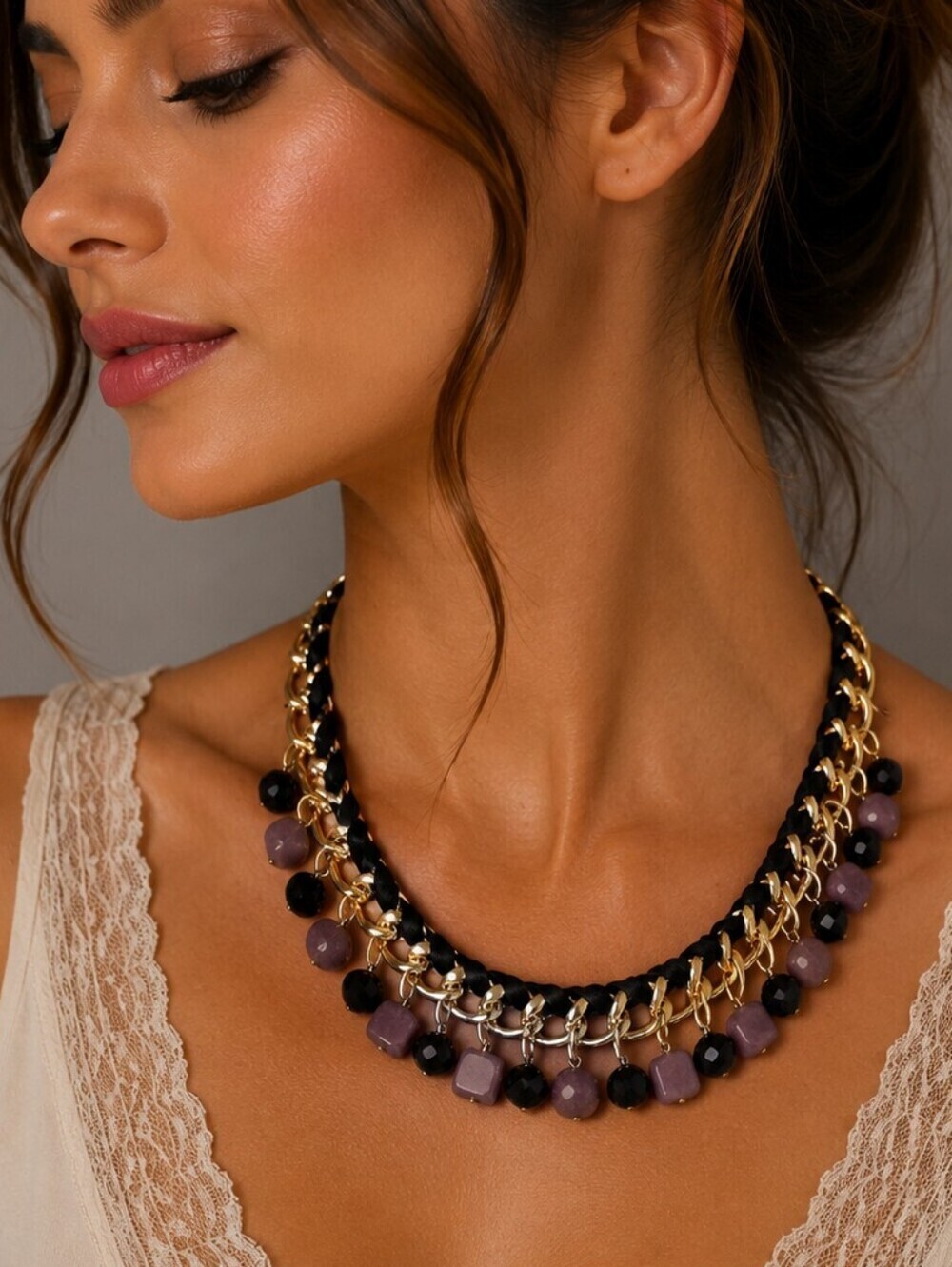 VTG Woven Ribbon Chain Glass Gemstone Bead Bauble Festival Statement Necklace